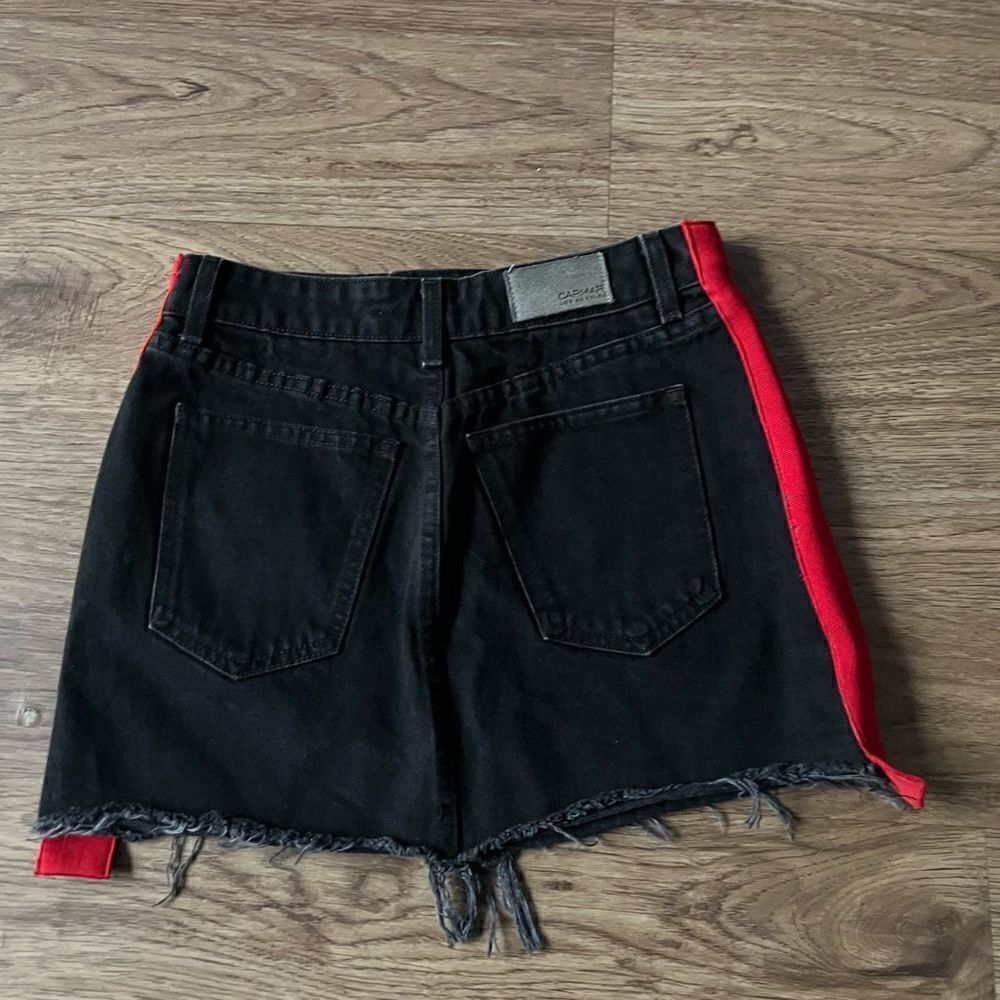 Carmar LF Denim Colin Side Stripe Skirt Black Red Mini Raw Hem Cutoff Size 27 - Picture 4 of 7